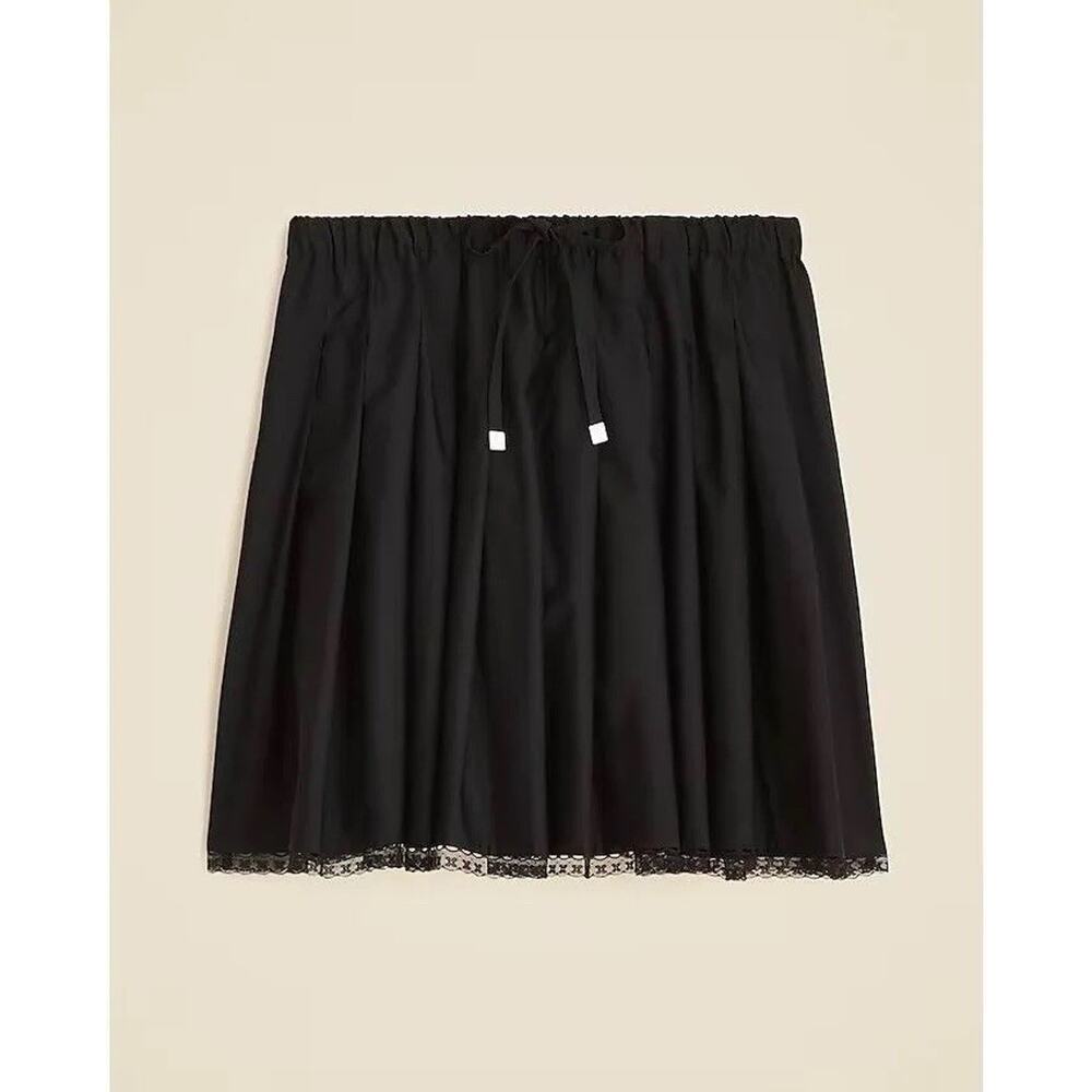 J.Crew Pleated Mini Skirt Black Tie Waist Cotton Lace Trim XLarge NWT Coquette